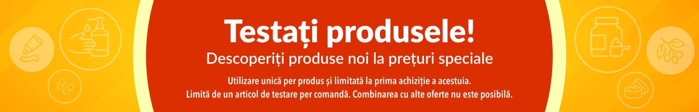 Banner cu oferta „Testați produsele”, încurajând descoperirea de produse noi cu reduceri unice la prima achiziție.