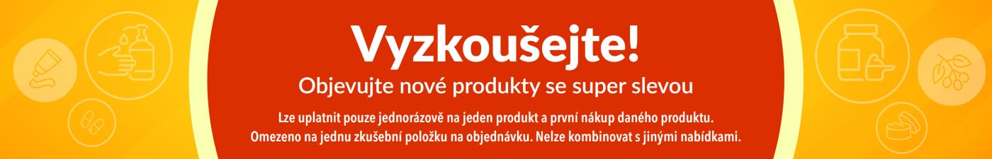 Banner s nabídkou „Vyzkoušejte!“, která motivuje objevovat nové produkty se speciální jednorázovou slevou na první nákup.