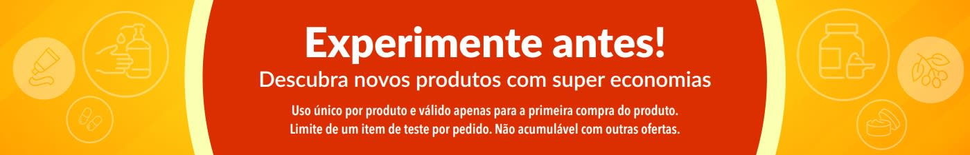 Banner promovendo a oferta “Experimente antes”, incentivando a descoberta de novos produtos com ofertas especiais válidas para uso único na primeira compra.