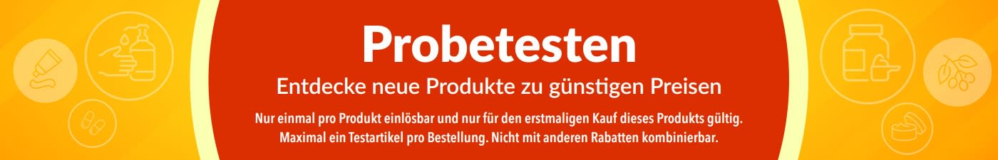 Banner, das für das Angebot Probetesten wirbt und dazu einlädt, neue Produkte zu entdecken, mit einmaligen Sonderrabatten beim ersten Kauf.