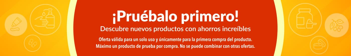 Banner que promociona productos con precio de prueba «¡Pruébalo primero!», invitando a descubrir nuevos productos con ahorros especiales, solo en tu primera compra.