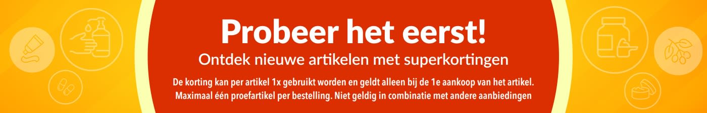 Banner die de proefaanbieding 'Probeer het eerst' promoot en de ontdekking van nieuwe producten aanmoedigt met speciale eenmalige kortingen op de eerste aankopen.