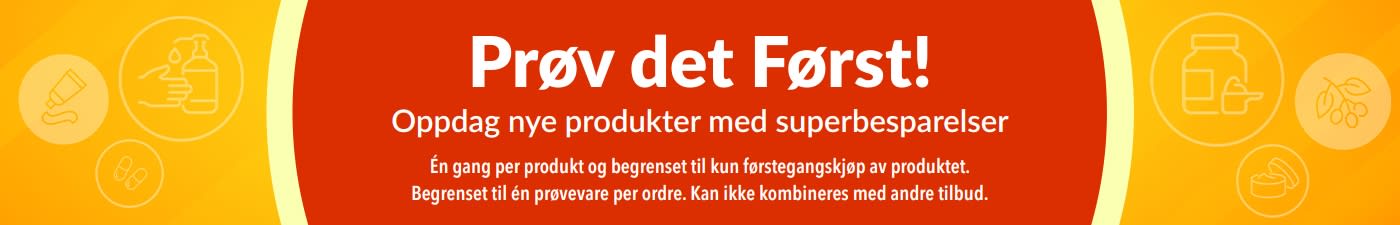 Banner som markedsfører «Prøv det først»-prøvetilbudet, som oppmuntrer til å oppdage nye produkter med en spesiell engangsrabatt på det første kjøpet.