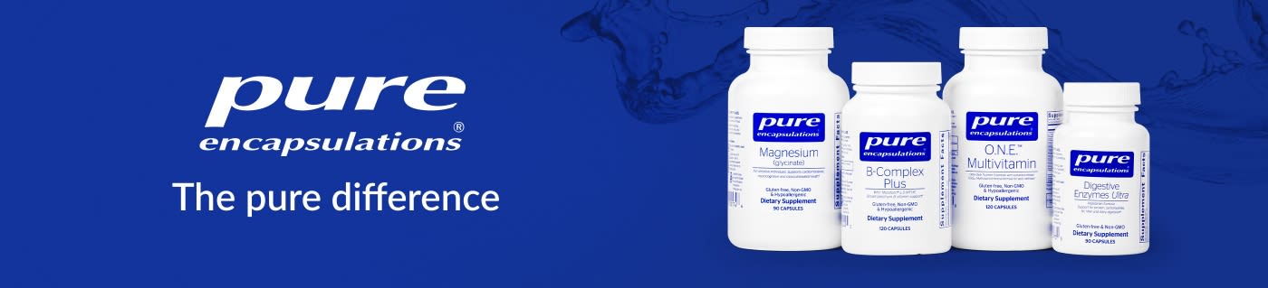 Pure Encapsulations banner featuring magnesium, B-complex, multivitamin and digestive enzyme supplements on blue background.