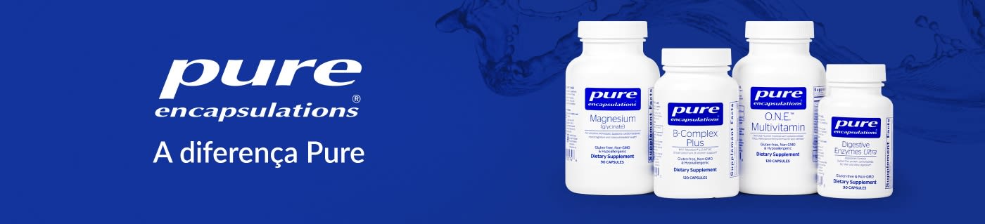 Pure Encapsulations banner featuring magnesium, B-complex, multivitamin, and digestive enzyme supplements on blue background.