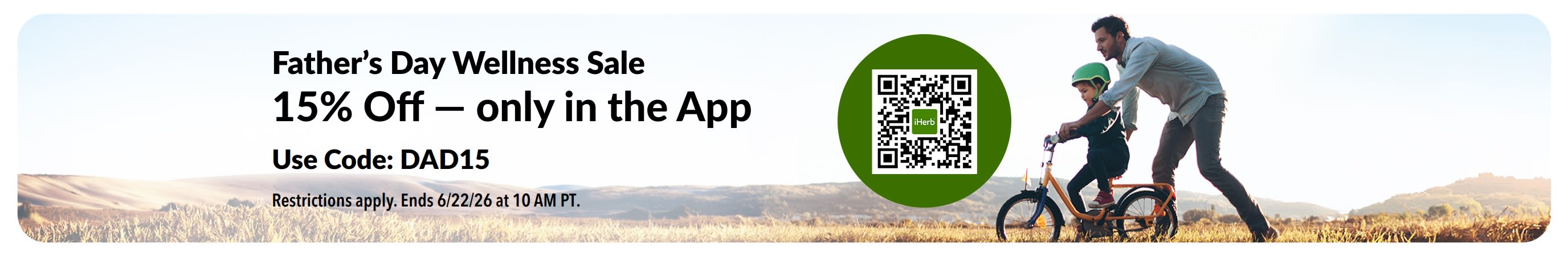Father’s Day wellness sale banner featuring a father teaching a child to ride a bike, offering 15% off in-app.