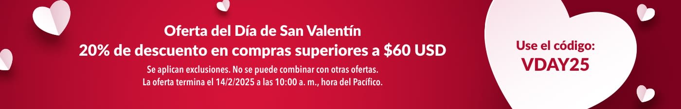 DÍA DE SAN VALENTÍN: 20% DE DESCUENTO A PARTIR DE $60 USD