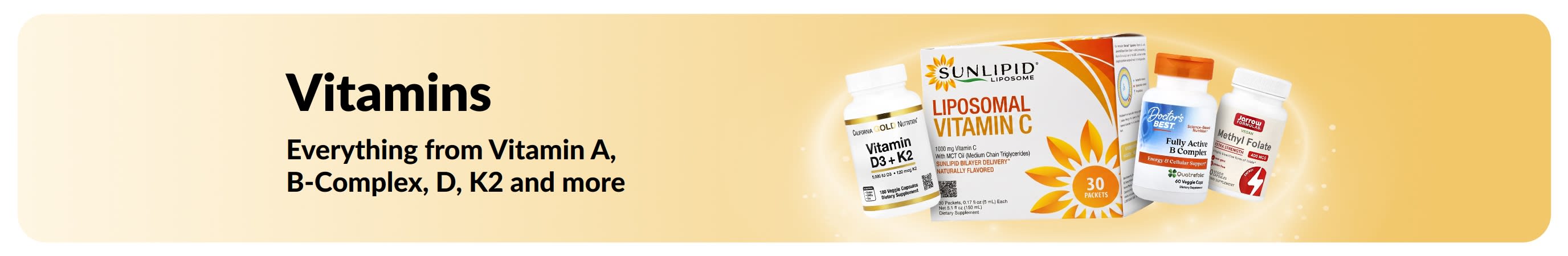 Promotional banner of vitamins, featuring Vitamin supplements.