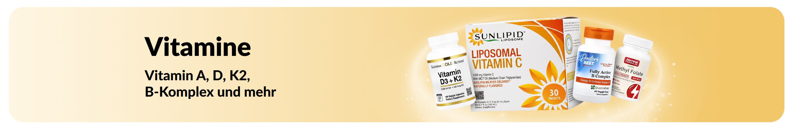 Werbe-Banner für Vitamine mit Bild von Vitaminpräparaten.