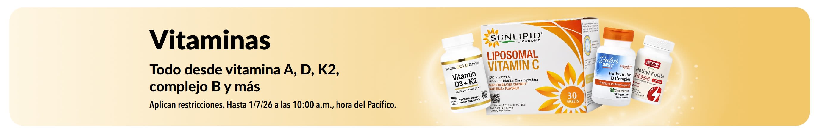 Banner promocional de vitaminas que muestra suplementos vitamínicos.