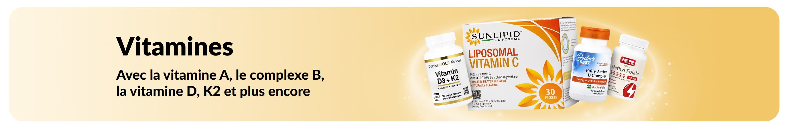 Bannière promotionnelle sur les vitamines, mettant en avant des compléments vitaminiques.