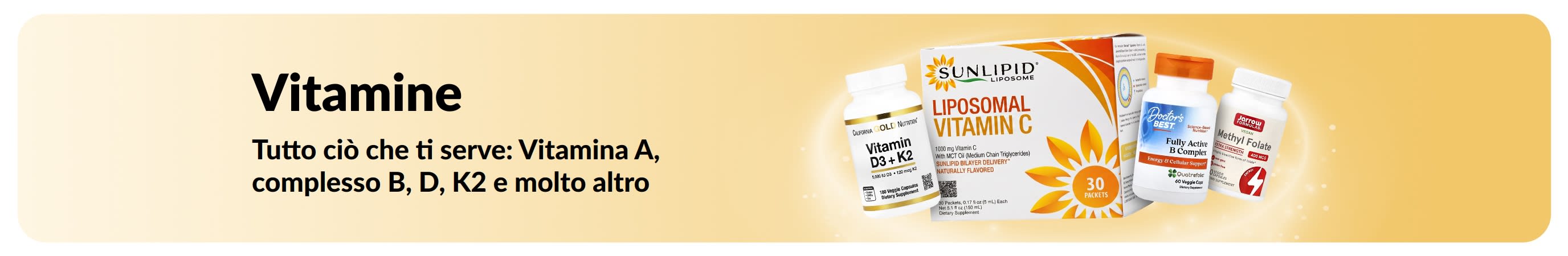 Banner promozionale sulle vitamine, che mostra integratori di vitamine. 