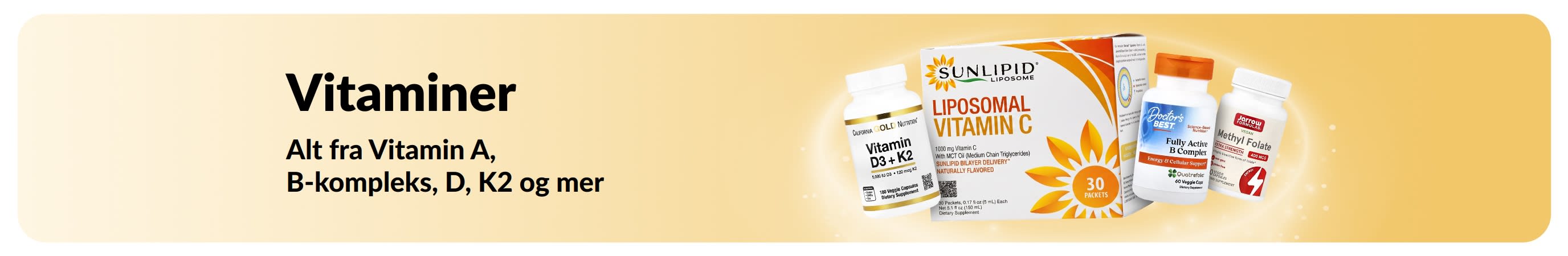 Kampanjebanner for vitaminer, med vitamintilskudd.