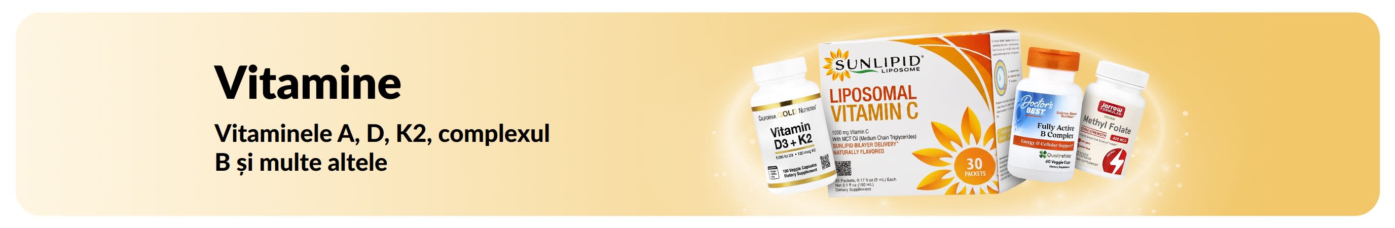 Banner promoțional cu vitamine, cu produse în prim-plan.