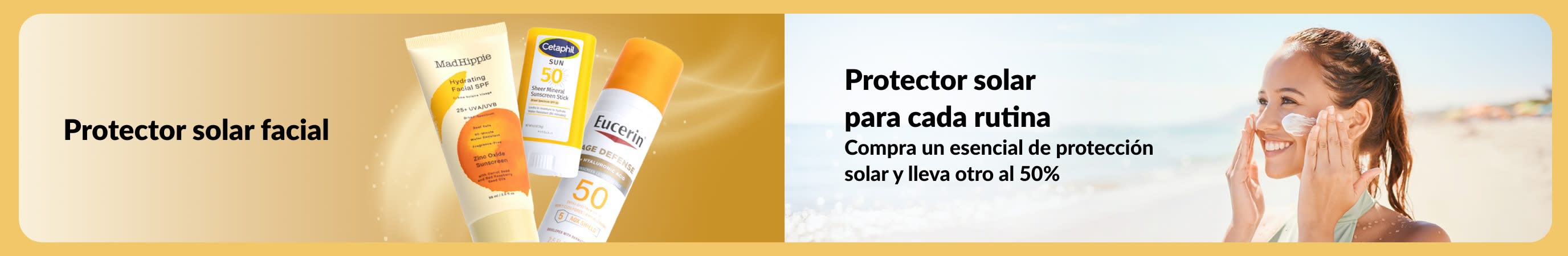 Banner sobre protector solar para cada rutina con la oferta “Compra uno y lleva otro al 50%”.