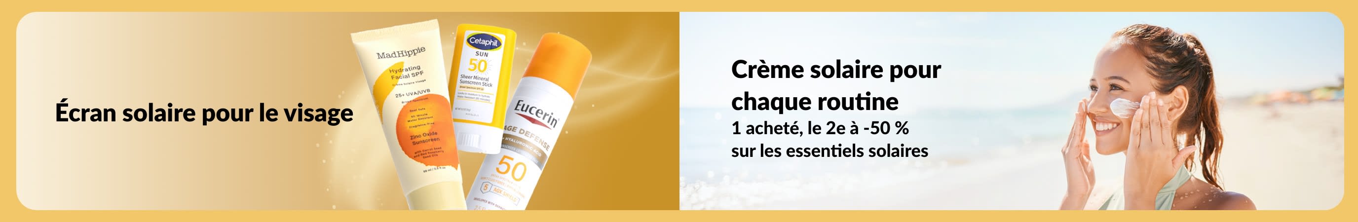 Bannière iHerb avec des écrans solaires pour le visage et une femme appliquant de la crème solaire à la plage.