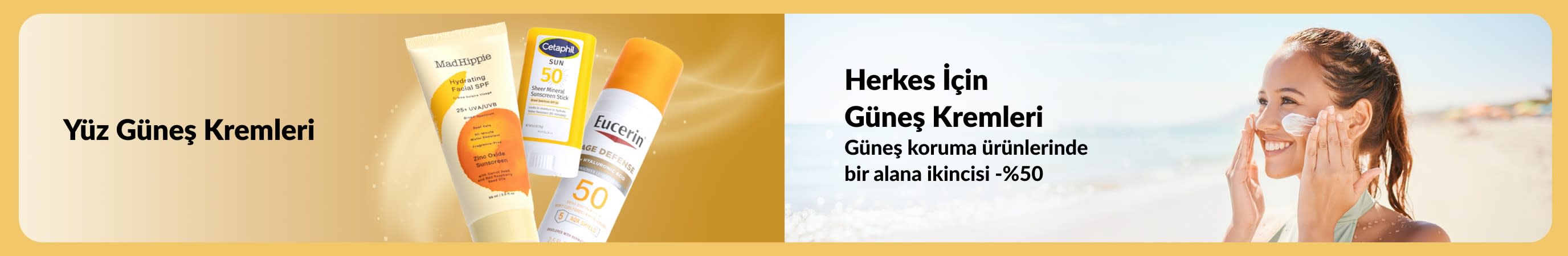 Sahilde güneş koruyucu uygulayan bir kadınla birlikte yüz için güneş koruyucu ürünlerin yer aldığı iHerb kampanyası,herkes için güneş kremleri ve 1 alana 2.’si %50 indirim fırsatını vurguluyor.