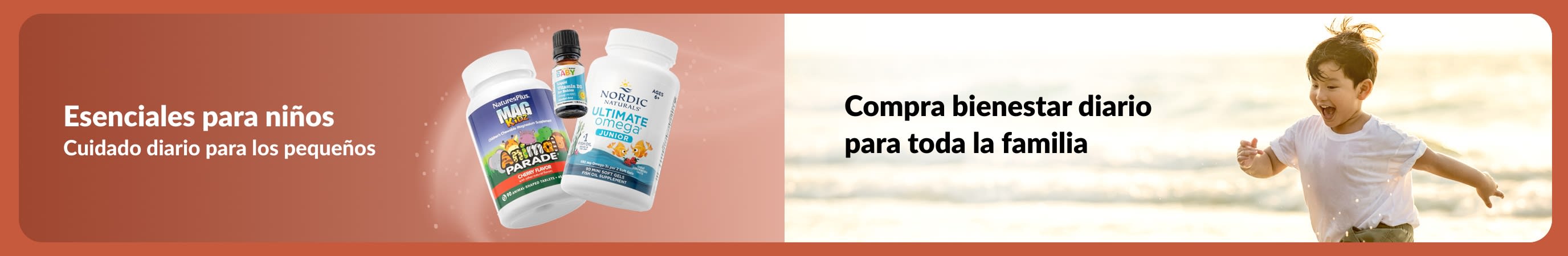 Banner que promueve suplementos para niños, cuidado diario para los pequeños y bienestar para la familia.