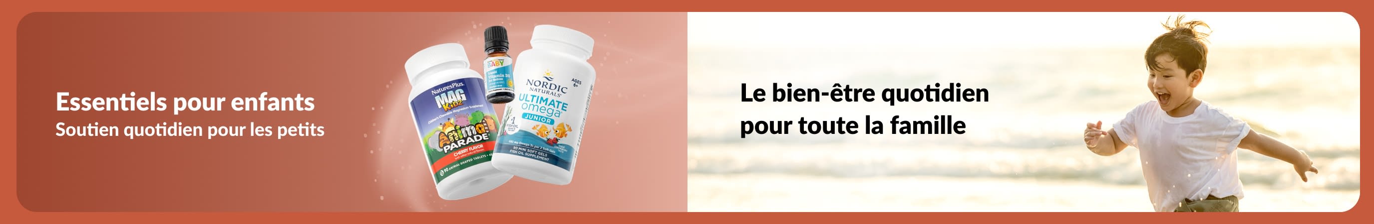 Bannière iHerb avec des compléments pour enfants et toute la famille avec un enfant jouant sur la plage.