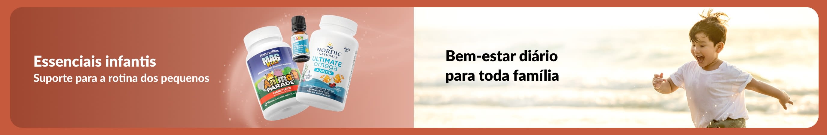 Banner com suplementos infantis e criança brincando na praia, promovendo suporte diário para os pequenos e o bem-estar da família.