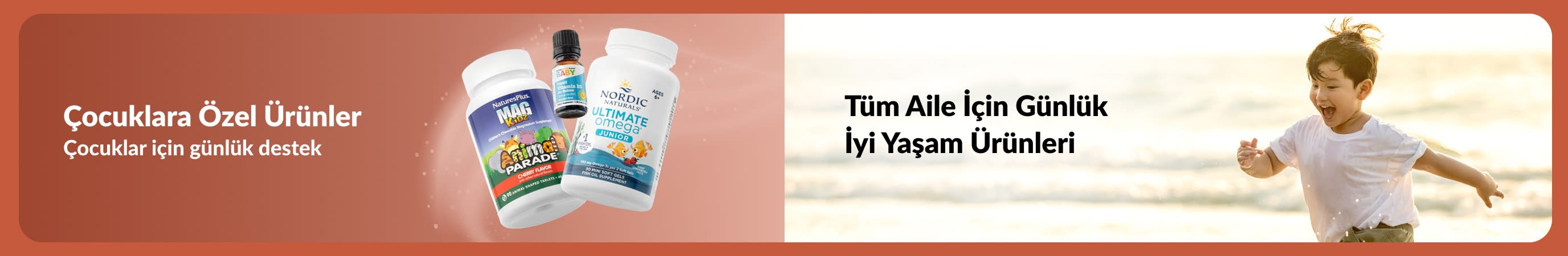 Sahilde oynayan bir çocukla birlikte çocuklara yönelik takviyelerin yer aldığı iHerb kampanyası, küçükler için günlük desteği ve tüm aile için iyi yaşamı vurguluyor.
