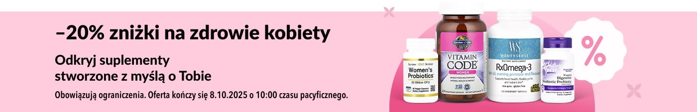 Baner iHerb z ofertą 20% zniżki na suplementy dla kobiet, w tym probiotyki, multiwitaminy i kwasy omega-3.