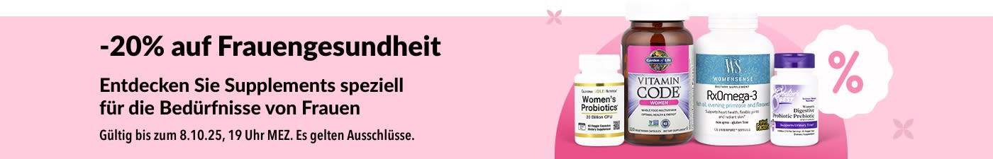 iHerb-Banner mit 20 % Rabatt auf Nahrungsergänzungsmittel für die Gesundheit von Frauen, darunter Probiotika, Multivitamine und Omega-3
