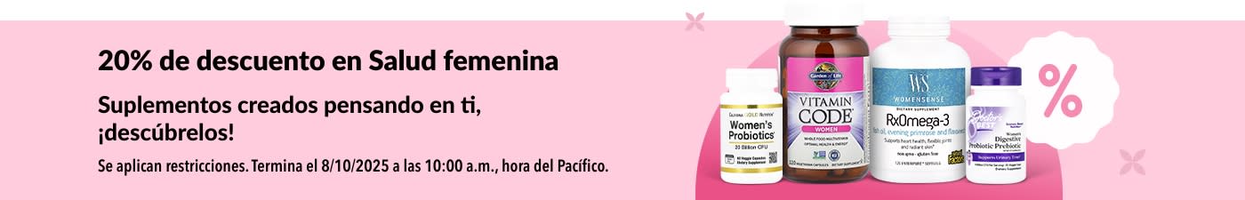 Banner de iHerb con 20% de descuento en suplementos para la salud femenina, incluyendo probióticos, multivitamínicos y omega-3.