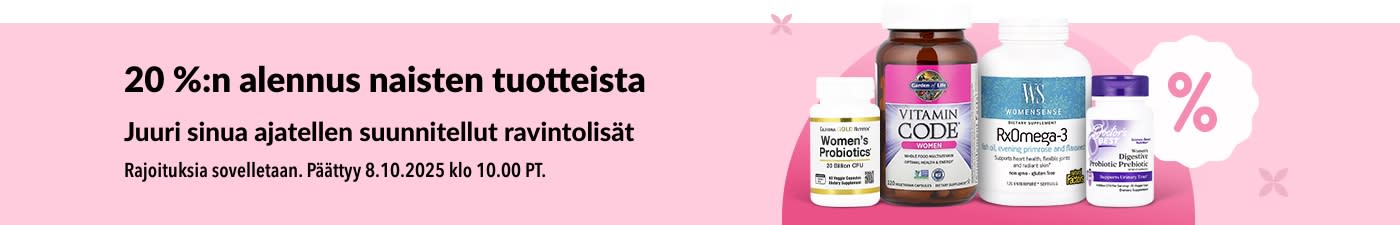 iHerb-banneri, jossa tarjotaan 20 % alennusta naisten terveyslisistä, jotka sisältävät probiootteja, monivitamiineja ja omega-3-rasvahappoja.