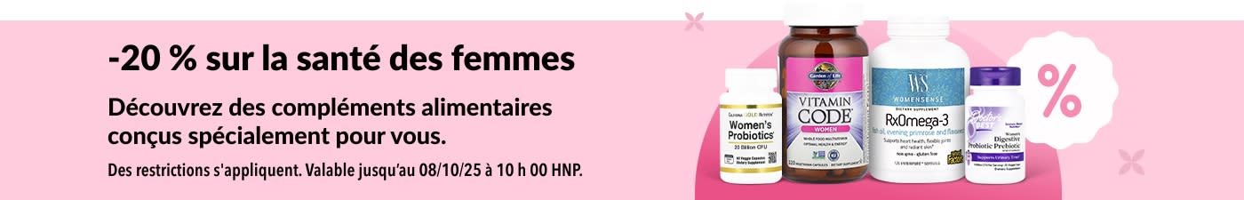 Bannière iHerb offrant 20 % de réduction sur les compléments alimentaires pour la santé des femmes, notamment les probiotiques, les multivitamines et les oméga-3.