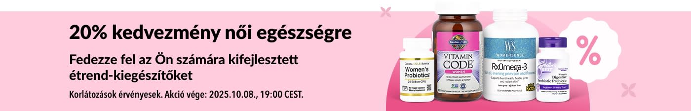 iHerb banner, amely 20% kedvezményt kínál női egészségügyi kiegészítőkre, beleértve a probiotikumokat, multivitaminokat és omega-3 zsírsavakat.