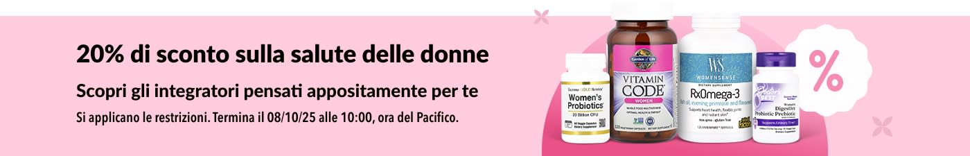 Banner iHerb che offre uno sconto del 20% sugli integratori per la salute delle donne, tra cui probiotici, multivitaminici e omega-3.