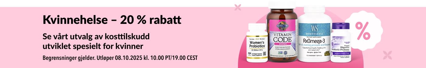 iHerb-banner som tilbyr 20 % rabatt på kosttilskudd for kvinner, med probiotika, multivitaminer og omega-3.