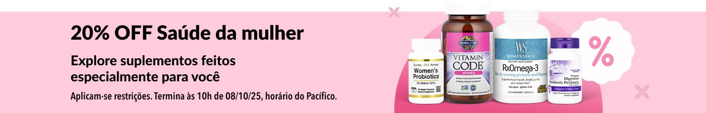 Banner da iHerb oferecendo 20% OFF em suplementos para a saúde da mulher, com destaque para probióticos, multivitaminas e ômega-3.