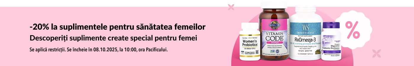 Banner iHerb cu 20% reducere la suplimente pentru sănătatea femeilor, inclusiv probiotice, multivitamine și omega 3.