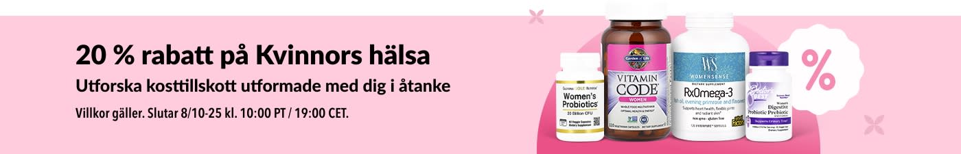 iHerb-banner som erbjuder 20 % rabatt på kosttillskott för kvinnor, inklusive probiotika, multivitaminer och omega-3.