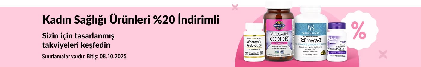 iHerb bannerı: Probiyotikler, multivitaminler ve omega-3 ürünlerinin yer aldığı kadın sağlığı takviyelerinde %20 indirim.