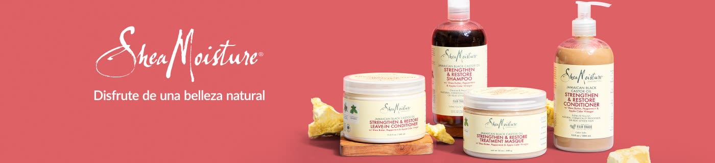 SheaMoisture banner showcasing Jamaican Black Castor Oil hair care line with shampoo, conditioner, and masque.