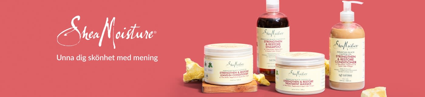 SheaMoisture-banner som visar upp hårvårdsserien med jamaicansk svart ricinolja med schampo, balsam och mask.