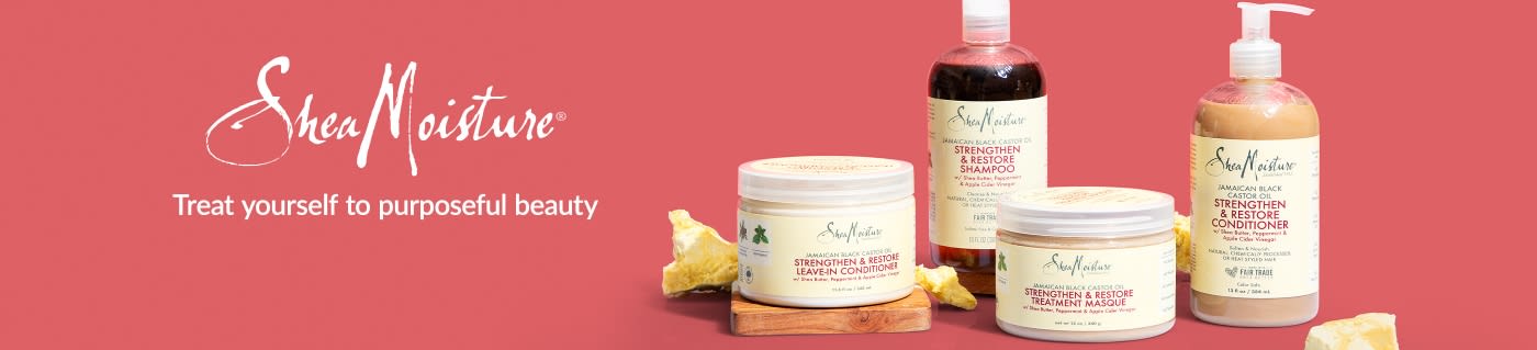SheaMoisture banner showcasing Jamaican Black Castor Oil hair care line with shampoo, conditioner, and masque.