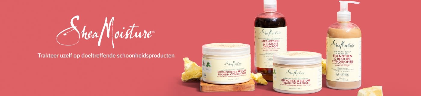 SheaMoisture-banner met de haarverzorgingslijn met Jamaicaanse zwarte castorolie, inclusief shampoo, conditioner en masker.