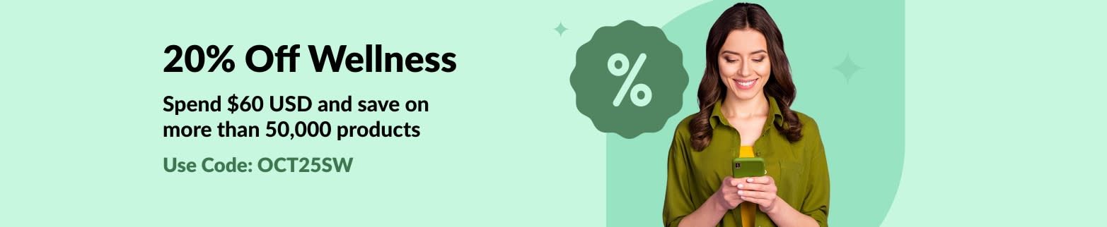 iHerb wellness sale banner offering 20% off $60 USD+ orders with code OCT25SW, featuring a smiling woman on phone.