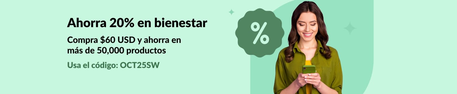 Banner de la Oferta de Bienestar de iHerb: Ahorra 20% al comprar $60 USD. Código: OCT25SW. Imagen de una mujer sonriente hablando por teléfono.