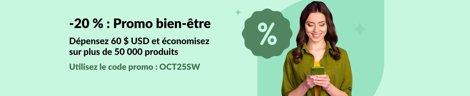 Bannière promotionnelle iHerb Wellness offrant 20 % de réduction sur les commandes de plus de 60 $ USD avec le code OCT25SW, représentant une femme souriante au téléphone.