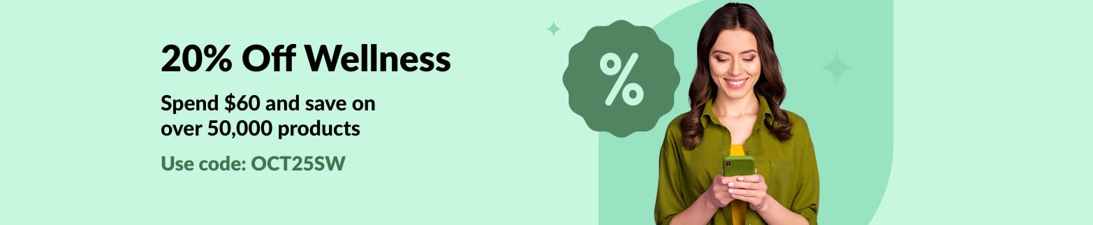 iHerb wellness sale banner offering 20% off $60 USD+ orders with code OCT25SW, featuring a smiling woman on phone.