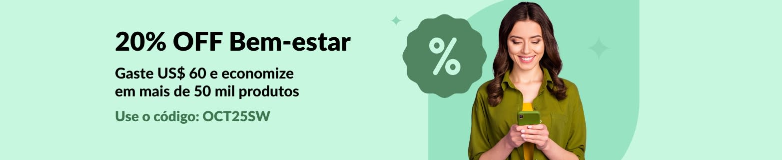 Banner da oferta de bem-estar da iHerb oferecendo 20% OFF em pedidos acima de US$ 60 com o código OCT25SW, com uma mulher sorridente ao celular.