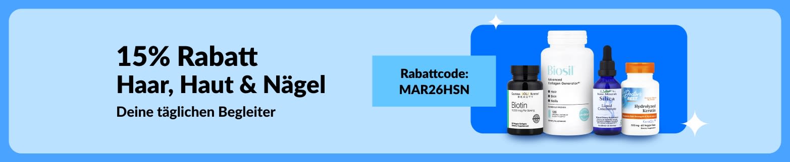 15% Rabatt auf Nahrungsergänzungsmittel für Haut, Haare und Nägel mit Code MAR26HSN, wie Biotin, Kollagen, Kieselerde und Keratin.