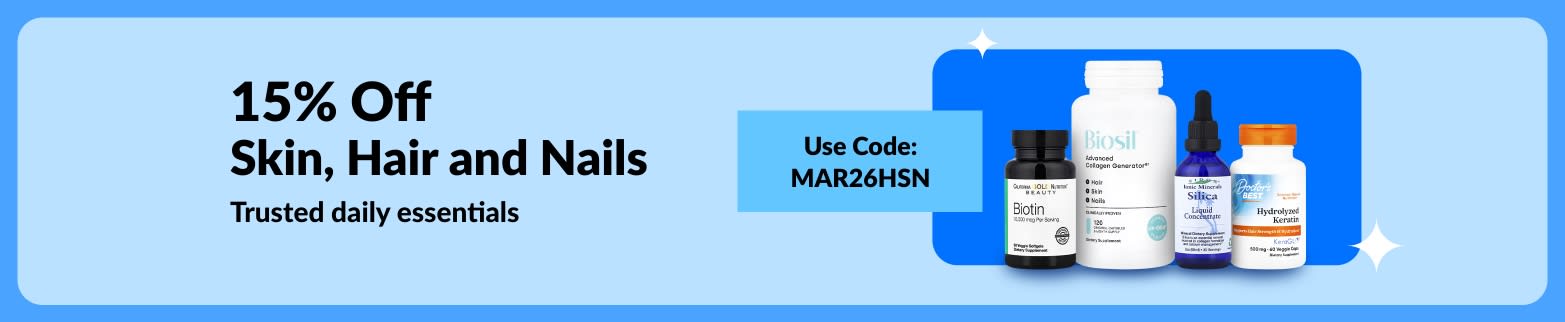 15% off skin, hair and nails supplements with code MAR26HSN, featuring biotin, collagen, silica and keratin products.