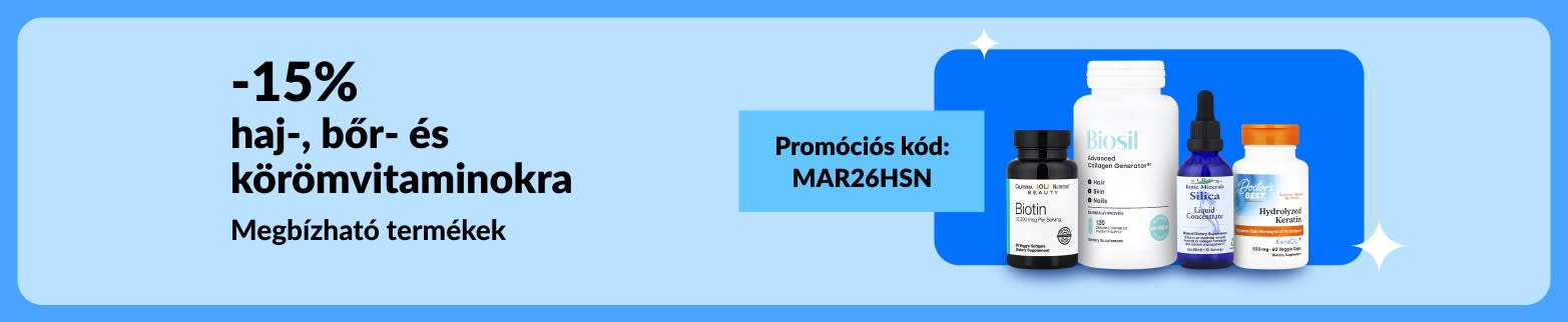 15% kedvezményt kínáló banner bőr-, haj- és körömápolási étrend-kiegészítőkre a MAR26HSN kóddal, biotin-, kollagén-, szilícium- és keratintartalmú termékeket ábrázolva.