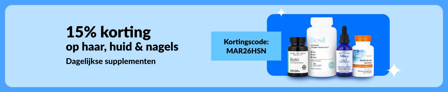 15% korting op supplementen voor huid, haar en nagels met code MAR26HSN, waaronder producten met biotine, collageen, silicium en keratine.
